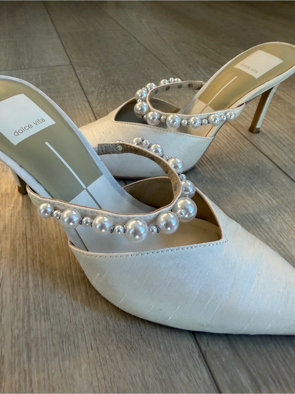 Dolce Vita Ivory Pearl-Embellished Pointed Mule Heels - Picture 9 of 13